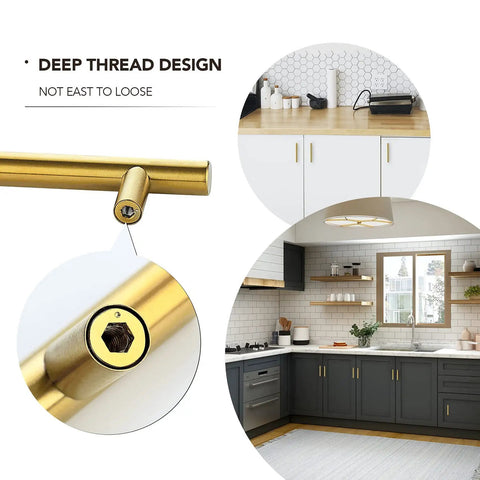 Gold Cabinet Handles Set 30 Pack 5 Inch Brushed Gold Kitchen Cabinet Pulls With 3 Inch Hole Center Brushed Brass Drawer Pulls For Cabinets Cupboards Durable Finish, showing deep thread design with kitchen setting.