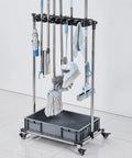 Pro Grade Heavy Duty Floor Standing Cleaning Cart With 360 Degree Rotating Pulley System, Mop And Broom Holder, shown with tools.