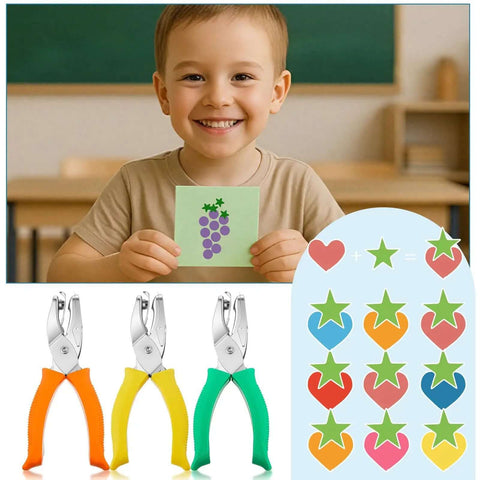 Child holding craft card with grape design; Three Piece Hole Punch Set With Round Heart And Star Shapes For One Quarter Inch And Three Sixteenth Inch Holes.