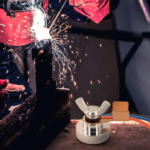 Beefy Welding Ground Clamp With Strong Suction And Heavy Duty Ground Magnet for quick setup, shown during metal welding process.