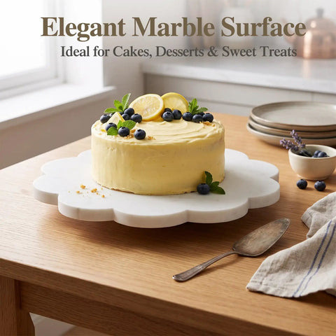 10 Inch Scalloped Marble Lazy Susan Hella Smooth Spinning Kitchen Turntable For Spices Oils And Condiments, showcasing a cake with blueberries.