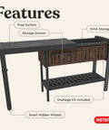 Extendable Outdoor Bar Cart With Hidden Cooler And Prep Surface, Mobile Patio Serving Station With Drainage Kit And Hidden Wheels