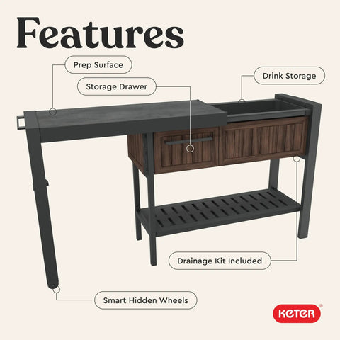 Extendable Outdoor Bar Cart With Hidden Cooler And Prep Surface, Mobile Patio Serving Station With Drainage Kit And Hidden Wheels