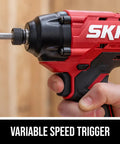 Close-up of 20 Volt Brushless Cordless Impact Driver Kit Including Quick Charge Battery, showing variable speed trigger and quarter inch hex collet.