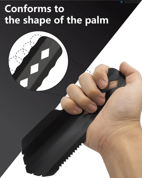 Close-up of hand holding Backpacking Trowel Aluminum Shovel Multitool With Longer Handle For Hiking Camping And Survival Gear