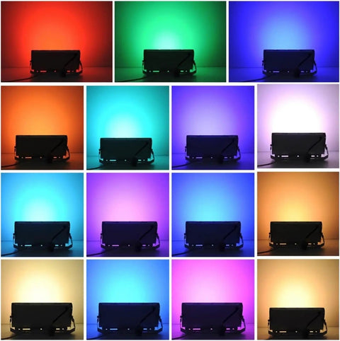 Security Lights 50W Led Floodlight Ip65 Waterproof Led Spotlight with various colorful lighting effects displayed.