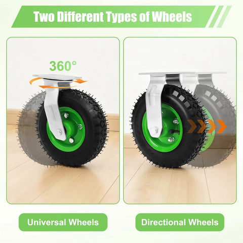 8 Inch Pneumatic Plate Caster Set Featuring Air Filled Rubber Tires And Galvanized Steel Plates Two Swivel And Two Rigid Units showing universal and directional wheels.
