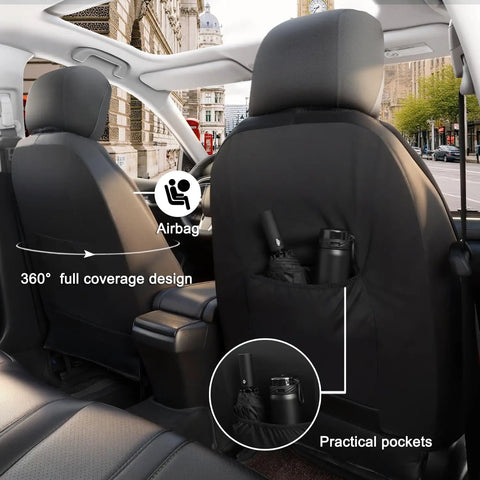 Custom Fit Front Seat Covers For Toyota RAV4 Camry Highlander Corolla Corolla Cross Prius Venza Avalon Faux Leather Bucket Seat Covers Two Pack Black And Gray Thick Foam Padding For Premium Comfort with pockets and airbag cutout, rear view.