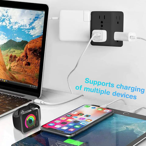 Six Outlet Wall Plug Extender With Surge Protector, Wide Spaced 3 Sided Power Strip charging devices at office table