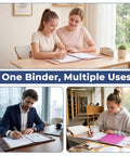 Six Pack 3 Ring Binder Clipboard Set in use for studying and work by students and professionals, demonstration of versatility.