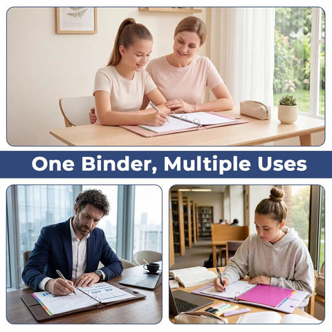 Six Pack 3 Ring Binder Clipboard Set in use for studying and work by students and professionals, demonstration of versatility.