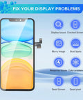 IPhone 11 Pro Max 6.5 Inch Screen Replacement Kit With 3D Touch LCD Digitizer Full Assembly And Front Glass Waterproof Adhesive And Tools DIY Friendly A2161 A2218 A2220, showing repair features.