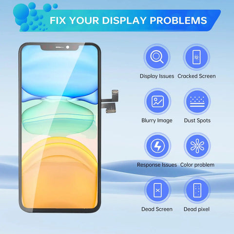 IPhone 11 Pro Max 6.5 Inch Screen Replacement Kit With 3D Touch LCD Digitizer Full Assembly And Front Glass Waterproof Adhesive And Tools DIY Friendly A2161 A2218 A2220, showing repair features.