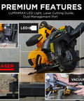 20V Ultra Cordless Circular Saw With Laser Guide And Luminmax LED For Clean, Straight Cuts, 0-50 Bevel, Rip Fence, 2Ah Battery