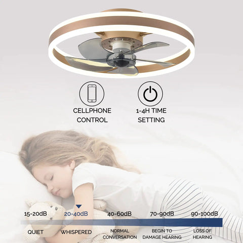 Low Profile Ceiling Fan With Light Gold Finish Modern Flush Mount Enclosed Ceiling Fan 19.7 Inch LED Dimmable Bladeless