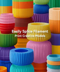 Colorful 3D printed filament spools showing fusion versatility for filament connector splicer kit with PTFE sleeve for 1.75mm filaments.