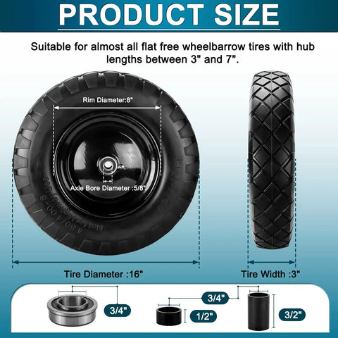 Two Pack 4.80/4.00-8 Tire And Wheel Set For Wheelbarrows Garden Trolleys And Wagons 16 Inch Solid Flat Free Replacement Wheels