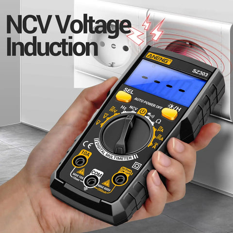 Person using All In One DIY Friendly Digital Multimeter Tester With Ohm Volt And Amp Measurements near an electrical outlet