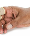 Latex Finger Cots Large Pack Of 144 For Hands On Protection And Grip, Disposable Finger Covers shown on thumb and finger