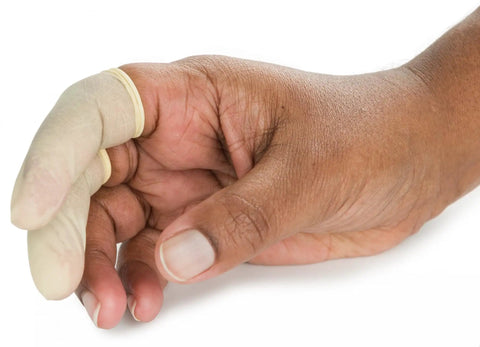 Latex Finger Cots Large Pack Of 144 For Hands On Protection And Grip, Disposable Finger Covers shown on thumb and finger