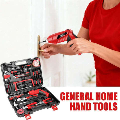 Everyday Home Tool Kit With 3.6V USB Electric Screwdriver, 43 Piece Cordless Drill Driver Set, showing screwdriver in use and tool kit case.