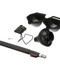No Nonsense Heavy Duty Industrial Toilet Plunger Featuring Wide Rubber Suction Cup And Tough Aluminum Grip For Powerfully Clearing Bathroom Drains Black Commercial Restroom Essential components laid out on white background.