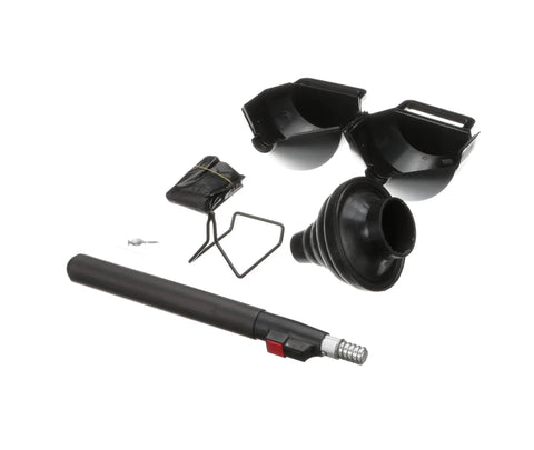 No Nonsense Heavy Duty Industrial Toilet Plunger Featuring Wide Rubber Suction Cup And Tough Aluminum Grip For Powerfully Clearing Bathroom Drains Black Commercial Restroom Essential components laid out on white background.