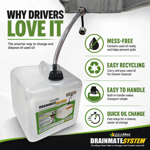 ValvoMess Free Oil Change Kit With 10 Qt Drain Bag And FlowVent Attachment Makes Your Garage Cleaner So You Rock The Oil Swap Without Any Gross Spills Or Cleanup Hassles Today. 10 qt plastic drain bag with hose and handle for used oil disposal