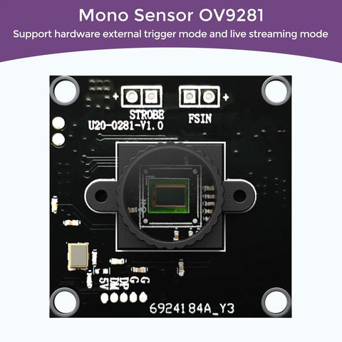 Dope High Speed Global Shutter USB 2.0 And 3.0 Camera Module With 1MP OV9281 Mono Sensor, front view highlighting sensor.