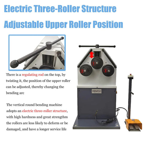 Heavy Duty Vertical Electric Rolling Bending Machine With Slick Pinch Roll Setup And Rock Solid Ring Forming Capability On No Sweat 220V Single Phase Power, showing adjustable upper roller.