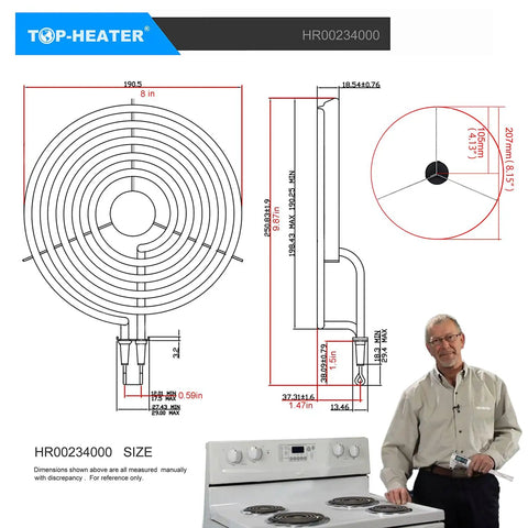 Dimensions diagram of 8 Inch 2100W Electric Stove Burner Replacement Element For Whirlpool KitchenAid Norge Upgraded Top Heater 234000 Surface Element Unit 1 Pack UL Listed Safe DIY Install with stove in background