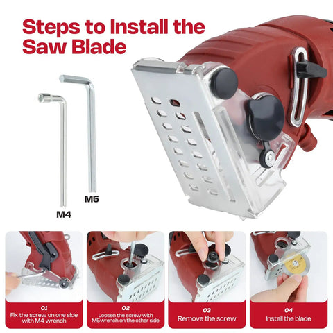 Steps to install saw blade with wrenches for Corded Mini Circular Saw Kit With 400W 110V Power, 3400 RPM, And 6 Blades.