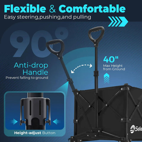 Collapsible Foldable Wagon With 300 Lb Weight Capacity showing adjustable handle and anti-drop feature for easy steering.