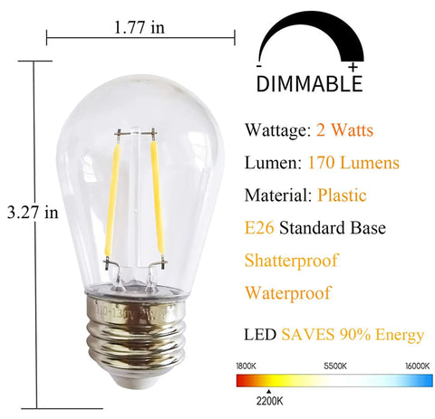 Clear S14 LED String Light Bulbs 2W Plastic Dimmable Replacement Bulbs For Outdoor Patio String Lights With E26 Base Pack Of 25