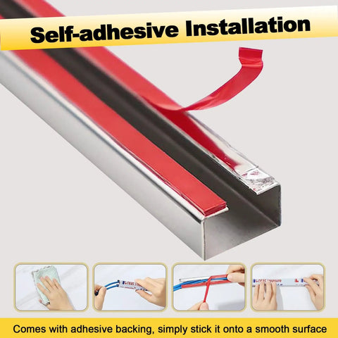Stainless Steel Beefy Thin Cable Hider Floor Trim Self Adhesive Wire Cover Raceway shown with adhesive strip peel
