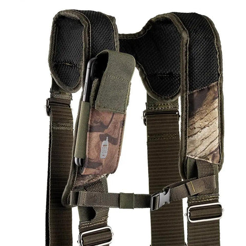 Camo Tool Belt With Suspenders From Original Series 85035 Heavy Duty Pro Grade Construction Belt and Mossy Oak ripstop details.