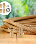 Get Your Garden Hose Back On Track With This Awesome Brass Repair Connector Set Featuring Stainless Steel Clamps And Easy Male Female Hose Coupling Kit For Quick Fixes Without The Hassle. Brass hose repair kit with clamps and fittings on a wooden surface