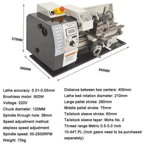 Xoiasth Mini Metal Lathe Machine 900W Brushless Motor Variable Speed 50-2500 RPM Precision Bench Lathe side view with specifications.