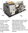 Quantbu Mini Metal Lathe Machine With Industrial Precision Benchtop Electric Motor, details including dimensions and features.