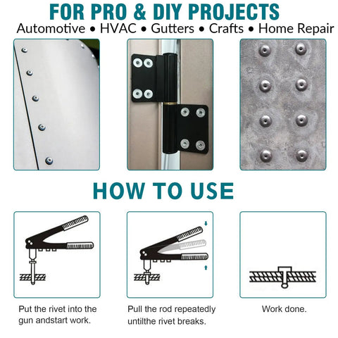 Pop Rivets Assortment Kit With 600 Pieces, 15 Sizes, Dome Head Blind Rivets shown installed on metal surfaces with usage instructions