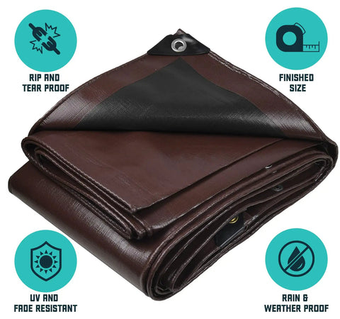 Heavy Duty 16 Mil Tarp Cover That Stands Up To Weather Waterproof And UV Resistant Poly Tarpaulin With Reinforced Edges, Brown And Black, Folded View