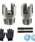 Electric Drill Compatible Pipe Threading Tool Set With 1/2 And 3/4 Inch Dies, Heavy Duty PVC Thread Cutter Kit, includes gloves and tape.