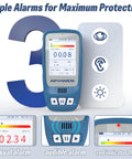 Blue handheld Geiger counter radiation detector with LCD display and control buttons