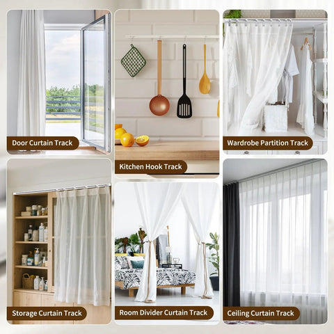 Self Adhesive Ceiling Curtain Track 9.8 Ft Flexible Cuttable No Drill Curtain Rail Stick On Ceiling Mount Curtain Rod For Room Divider Window Closet RV Includes Hooks And Clips for curtains, closets, and room dividers