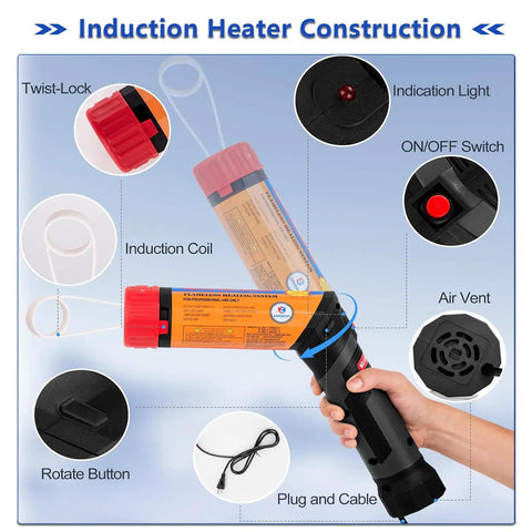 Pro 1100 Watt Induction Bolt Heater Set Features Eight Swappable Coils Plus Rigid Transport Bin showing induction heater construction with controls.