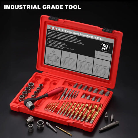 50 Piece Bolt Extractor Set With Screw And Nut Removers, Heavy Duty All In One Drill Bit Kit in red case with tools displayed