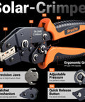 Pro Grade Solar Crimp Tool Kit With Ratcheting Crimper featuring ergonomic grip, precision jaws, and adjustable pressure.