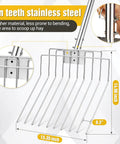 Detail of 50 Inch Stainless Steel Garden Pitchfork With 10 Tine Head, Heavy Duty One Piece Construction showing tine measurements