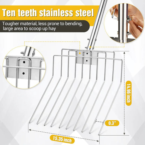 Detail of 50 Inch Stainless Steel Garden Pitchfork With 10 Tine Head, Heavy Duty One Piece Construction showing tine measurements