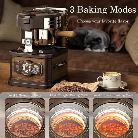 Fresh Home Coffee Roaster 700W Electric Machine with 3 baking modes for custom roasting on a wooden countertop.
